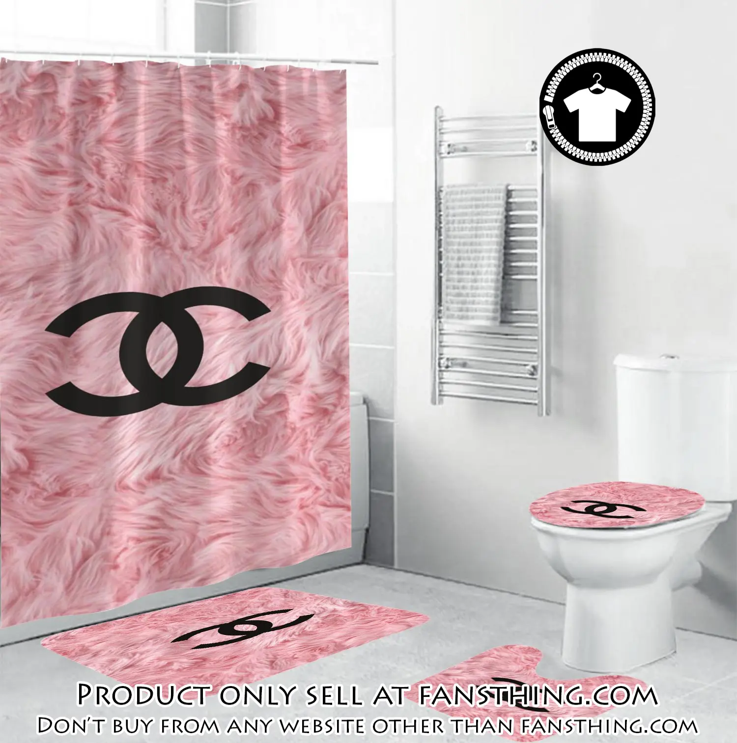 Coco chanel black logo in pink feather bathroom set shower curtain fst4753269